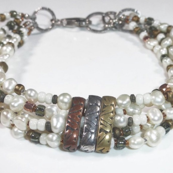 Silpada Sterling Silver Copper Brass Freshwater Pearl 5-Strand Bracelet B2188 - Picture 12 of 15